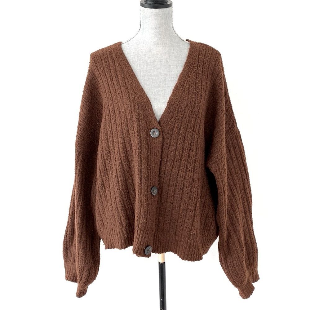 Everly Brown Chunky Knit Cardigan Sweater Balloon Sleeves sz L Boho Cottagecore